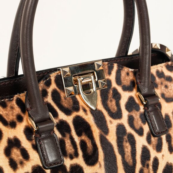 Valentino Brown Leopard Calf Hair Golden Rockstud Double Handle Tote - Picture 10 of 15